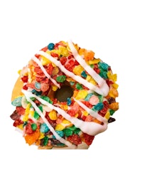 a colorful doughnut with sprinkles and icing